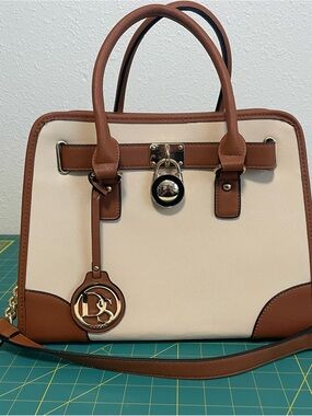 Cream and Brown Structured Satchel with Gold Hardware